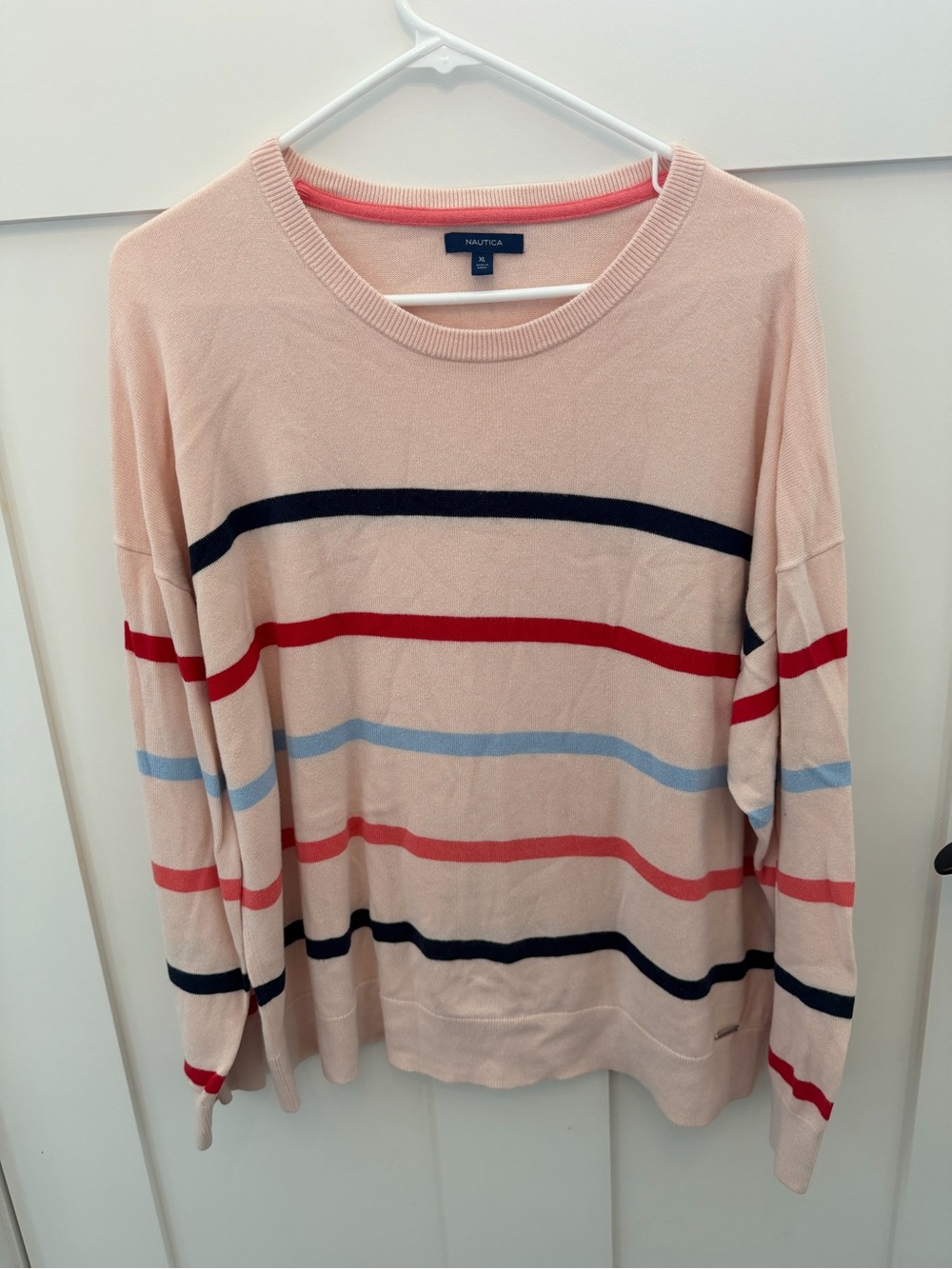 Nautica Blush Crewneck Sweater with Navy, Red and Light Blue Stripes